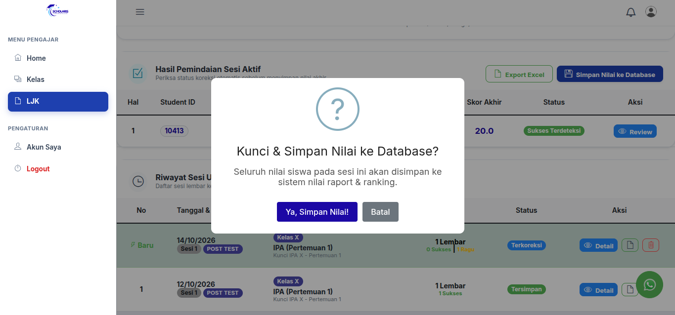 Kunci dan Simpan Nilai LJK ke Database