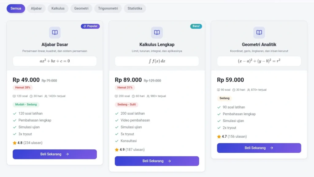 Jasa Pembuatan Aplikasi Tes Matematika bisa buat paket soal